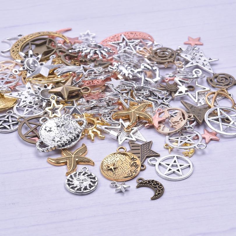 Vintage Sun Filigree Moon Star Charm Mix 10/20/30/50pcs Random Metal Galaxy Pendant Charms For Jewelry Making Supplies Materials