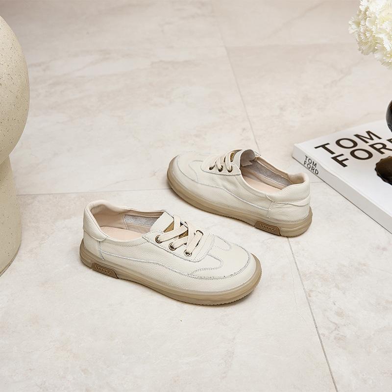 First layer cowhide leather little white shoes women's 2025 new soft-soled casual single shoes large size beef tendon lace-up lazy shoes women