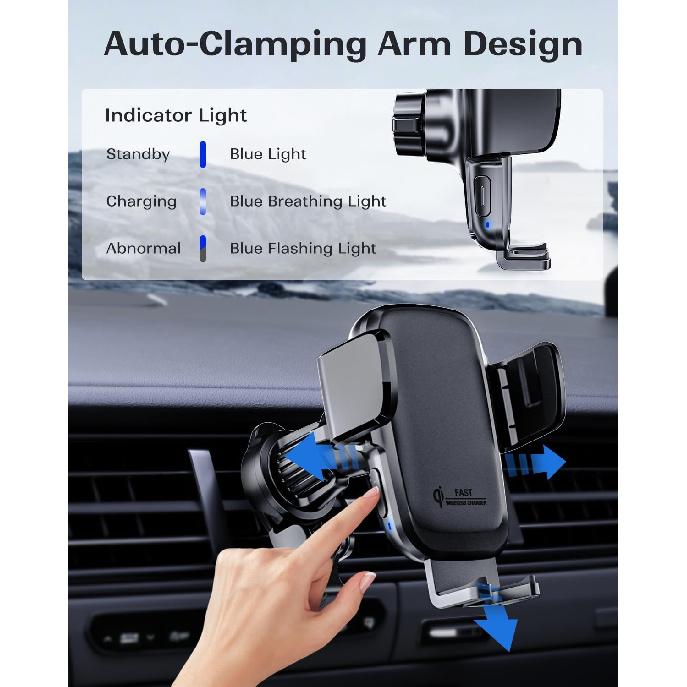 KPON Wireless Charger for Car, Car Phone Holder Charger Mount Qi Certified Auto Clamping 15W Fast Charging for Dashboard Air Vent Windshield Mount