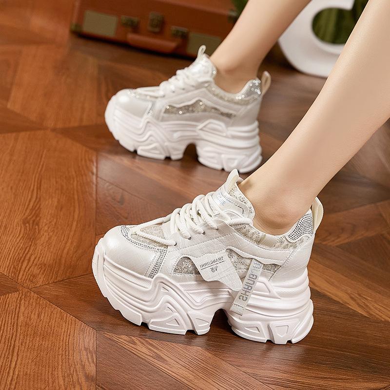 Fashion 9CM High Platform Mesh Microfiber Leather Sneakers Leisure Sports Shoes Women's Vulcanize Shoes Bling Rhinestones Shiny Sneakers