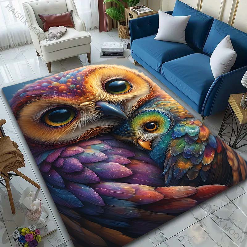 Multiple sizes Cute owl with rainbow feathers Carpet for Living Room Bedroom Sofa Home Decor Rus Non-slip Floor Mat Luxury Gift