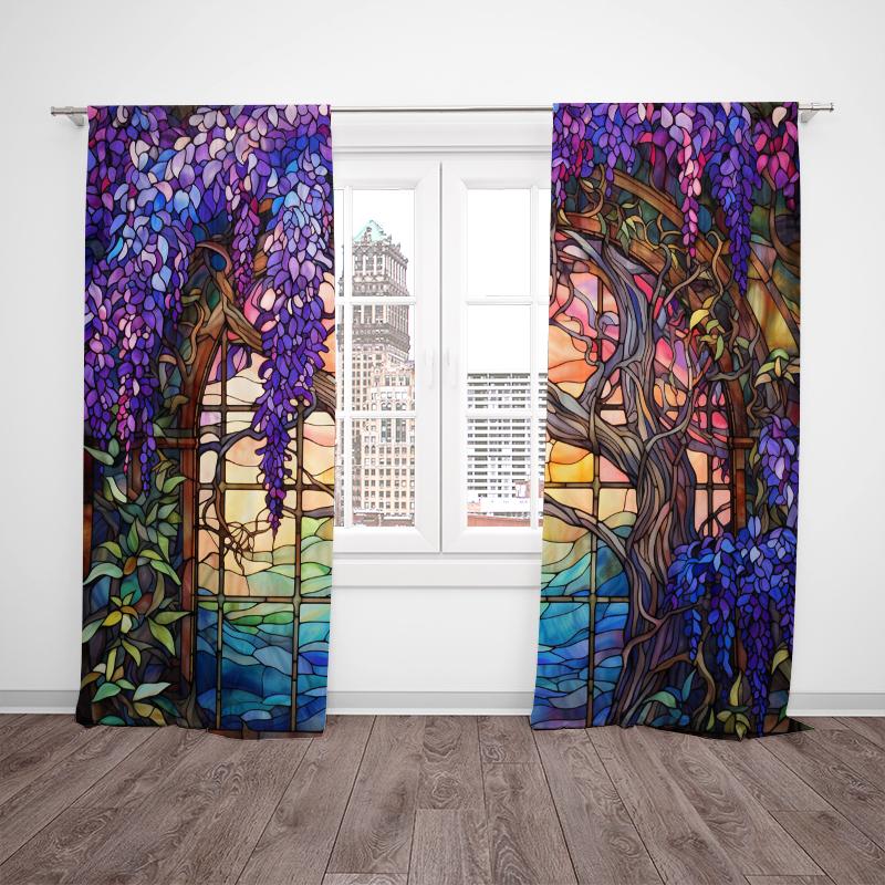 Set Of 2 Stained Glass Flower Wisteria Printed Curtain Home Decor Window Treatment Bedroom Office Kitchen With Rod Pocket Polyester Perfect For Master