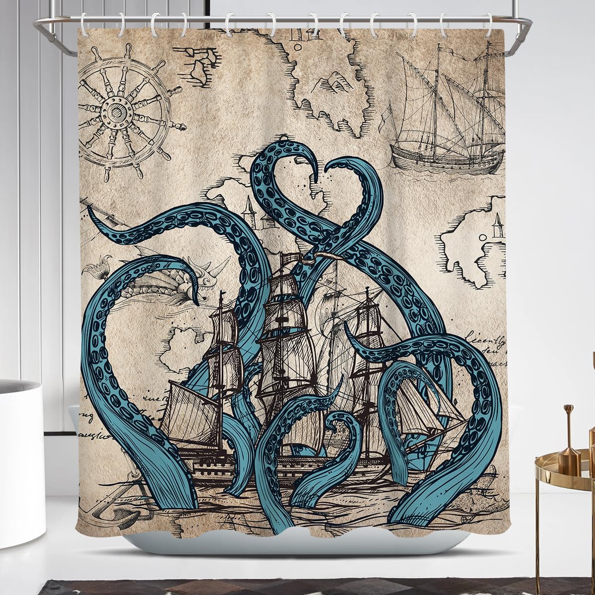 

Vintage Octopus World Map Printed Shower Curtain Nautical Pirate Ship Artwork For Cool Bathroom W60H190(CM)-1 Pcs