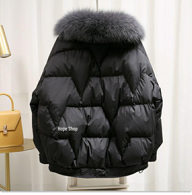 Plus Size Women's Winter Coat with Fur Collar - Shiny, Loose Down Cotton Fashion Jacket