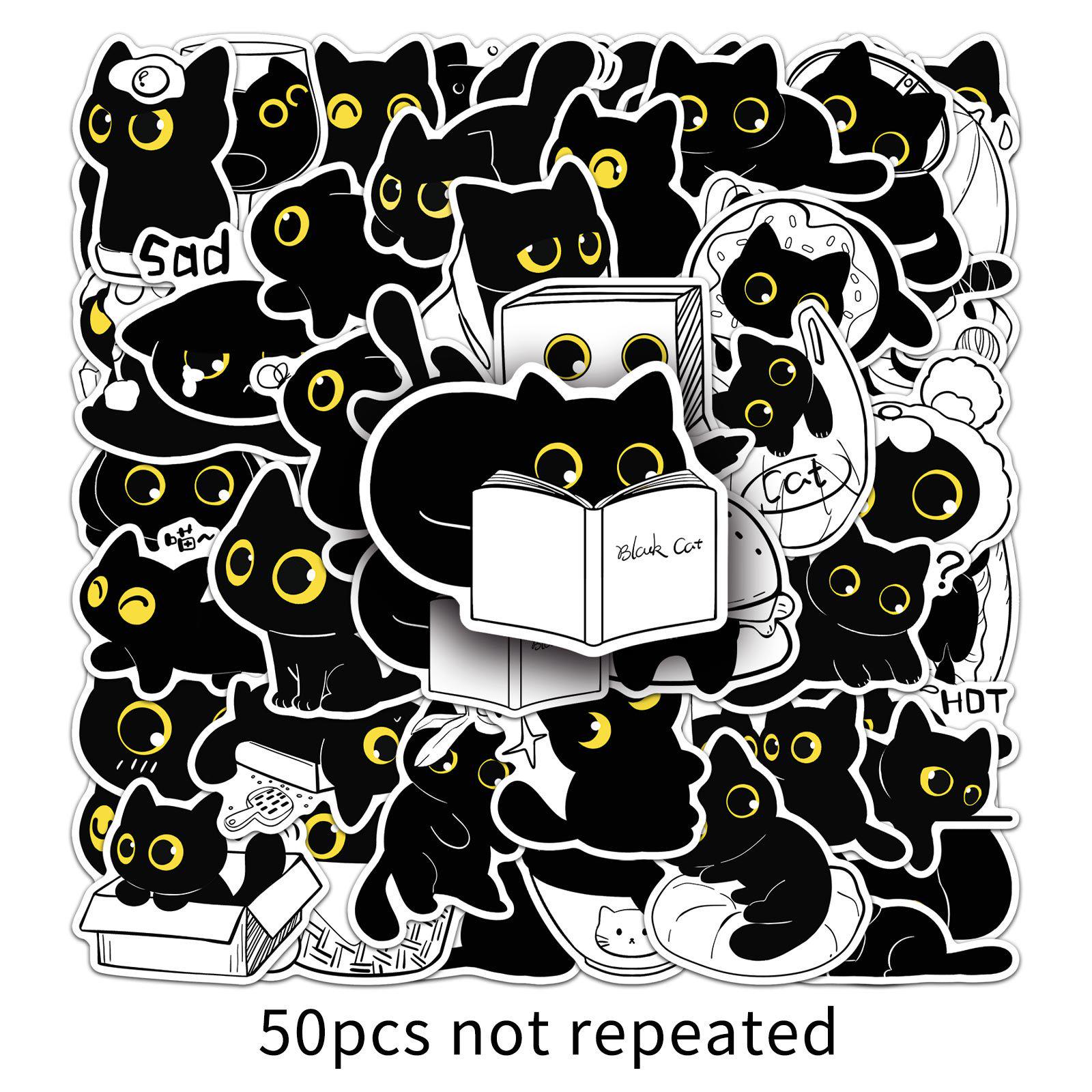50 Sheets of Cute Black Cat Hand-Painted Cartoon Animal Stickers: Waterproof for Water Bottles, Tablets, and Toys