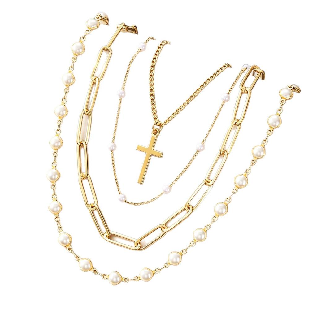 European & American Fashion Layered Pearl Cross Necklace - Luxurious, Versatile, Four-Layer Design
