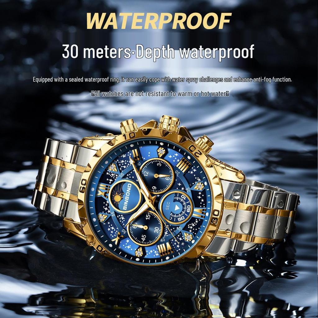 BINBOND Men's Luminous Stainless Steel Moon Phase Quartz Watch