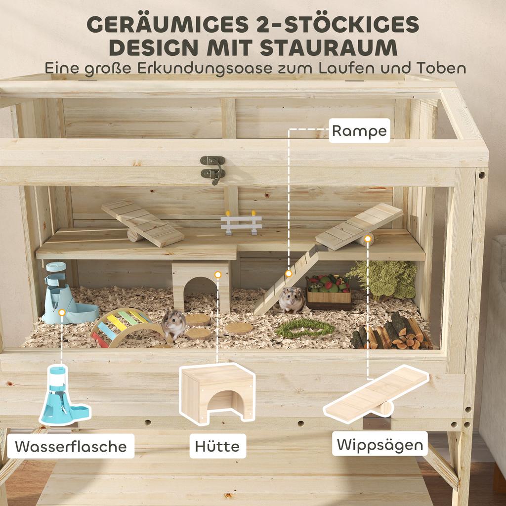 Hamster cage, 2 levels, small animal cage with storage compartment, accessories, 84 x 53 x 110 cm, natural wood