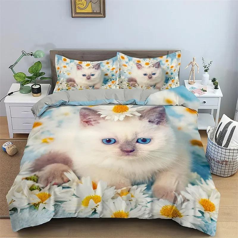 3D Cat Print Duvet Cover Floral Bedding Set Twin Full For Kids Girls Boys Room Luxury Microfiber Quilt Cover