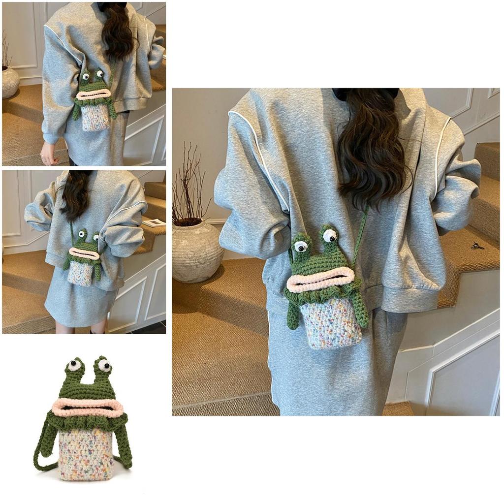 Childrens Green Cotton Knit Frog Mini Crossbody Bag With Soft Structure For Daily Activities