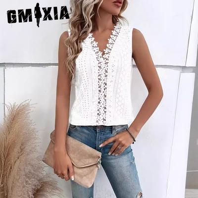 Women's Summer V-neck Splicing Cutout Lace Vest T Top Women