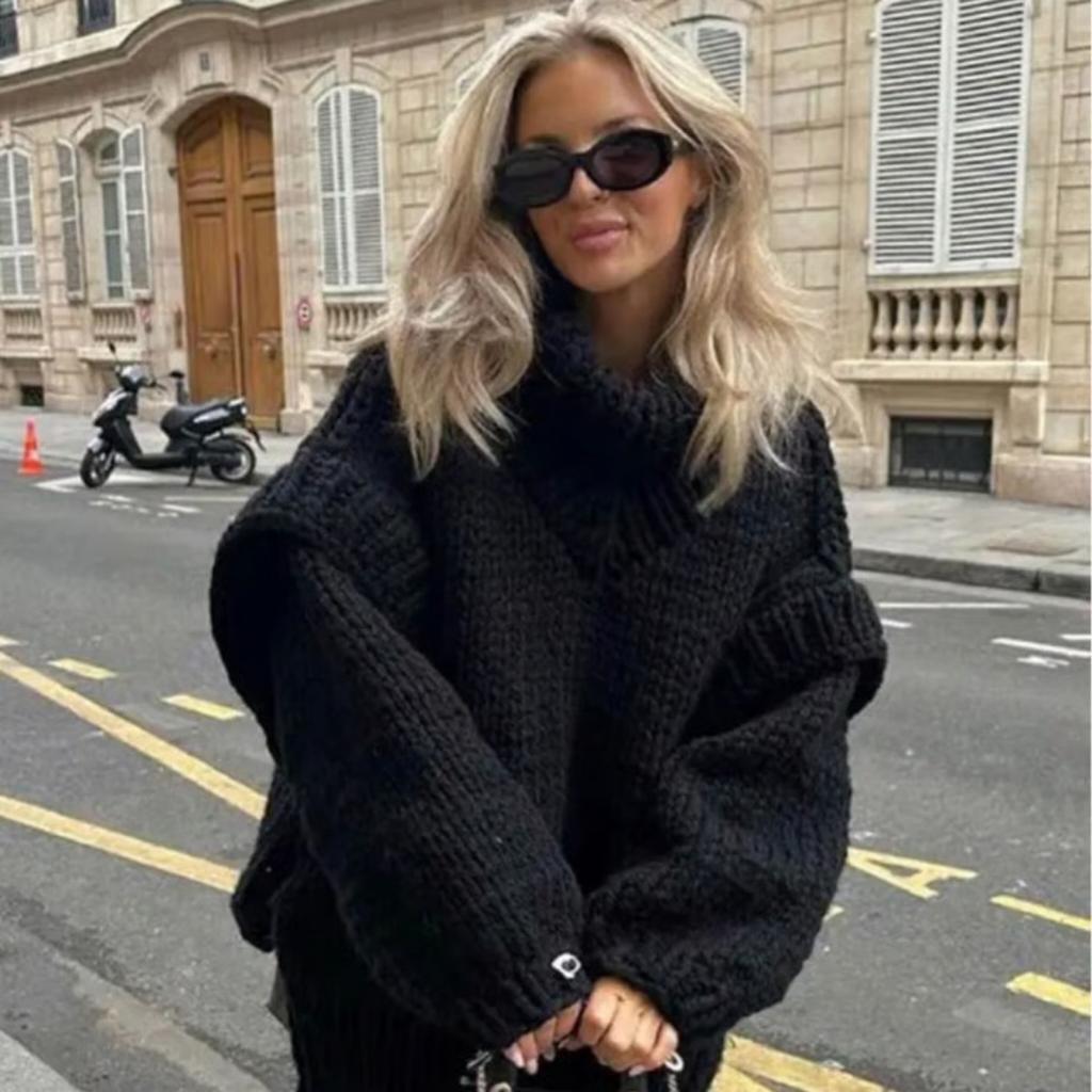 Autumn Winter Oversized Solid Color Thick Knit Turtleneck Split Sweater for Women European American Crossbody Casual Knit Top