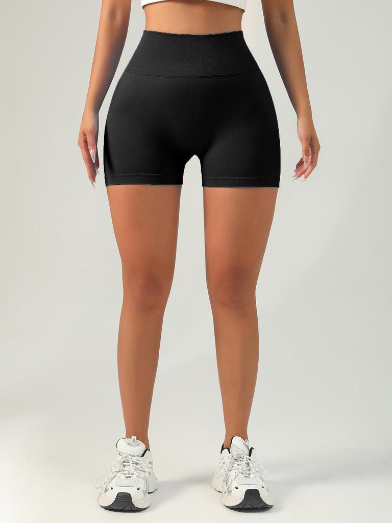 Women's Embroidered Letter Knitted Yoga Shorts with Tummy Control, Solid Color, Breathable Fabric, and Spliced Waist Design.