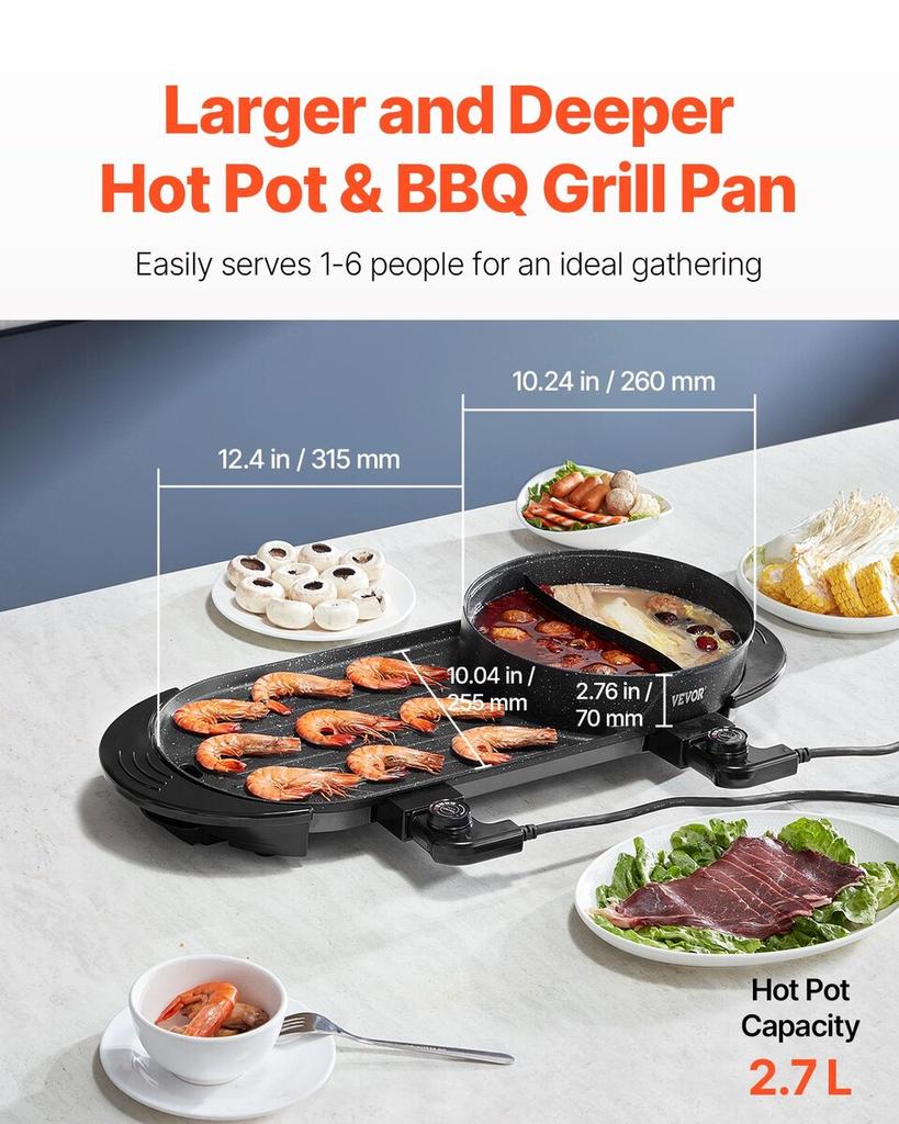 Hot Pot with Grill 2200W 2-in-1 Electric Smokeless Grill and Hot Pot