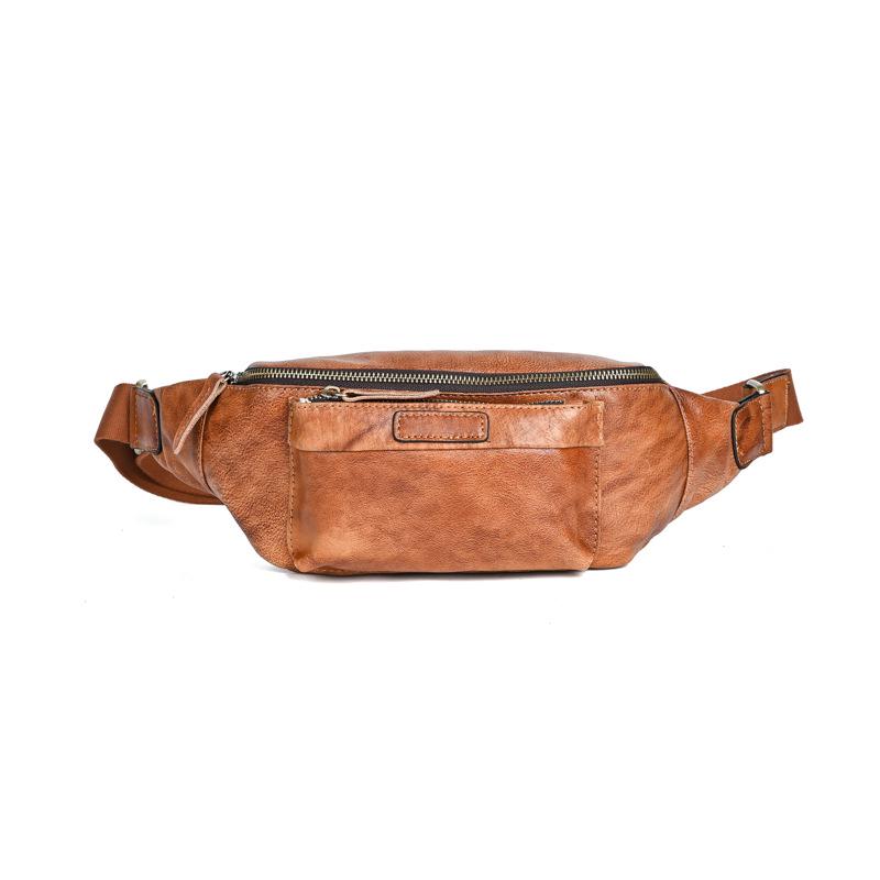 Vintage Chaozhou Hand-Colored Leather Fanny Pack: Retro Genuine Leather Chest Bag with Multi-Pocket Phone Holder