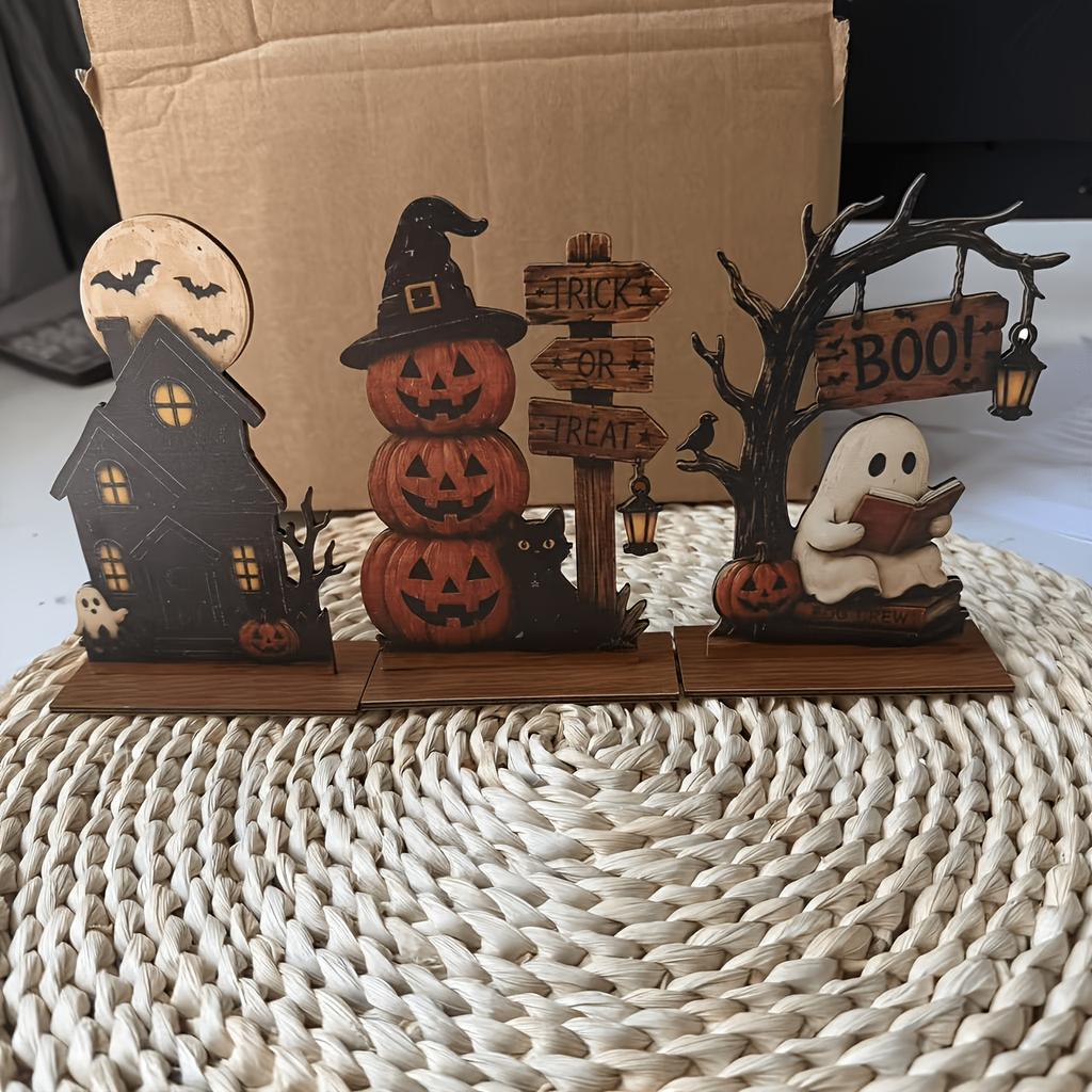 3pcs Set of Vintage Halloween Wooden Interior Decorations, Autumn Decorations, Vintage Wooden Blocks, Suitable Shelf Decoration