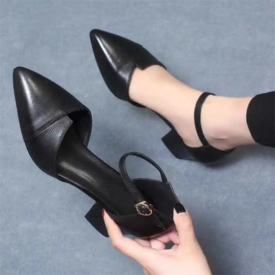 Soft Leather Mid-heel Comfortable Pointed Head Summer Bridesmaid Thick Heel One-word Buckle Bag Head Hollow Shallow Mouth Versatile Temperament
