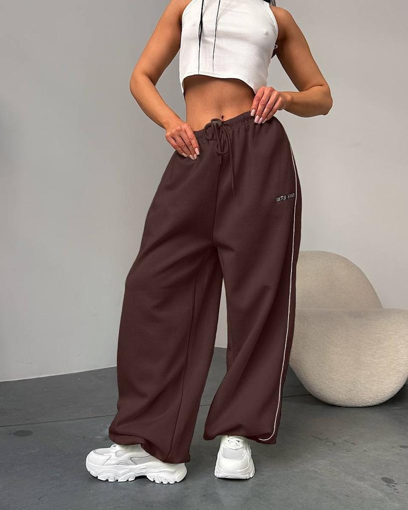 Damen High Waist Weite Beine Jogginghose Gerade Beine Hose Gestreifte Seite Zweiwege-Tragbar Kordelzug Jogginghosen Amerikanische Lässige Sporthosen
