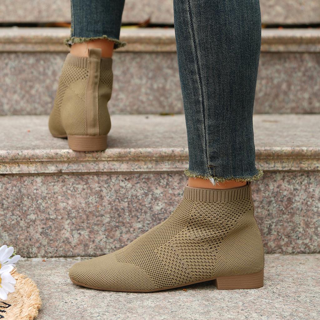 Ankle Sock Boots for Women Fashion Medium Heel Round Head Knitted Short Chelsea Boots