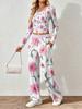 Spring and Autumn digital print women's V-neck long sleeve pants set, comfortable, casual, versatile, slim fit two-piece set