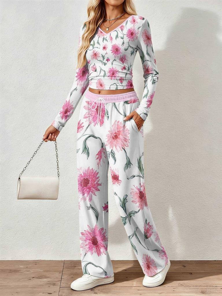 Spring and Autumn digital print women's V-neck long sleeve pants set, comfortable, casual, versatile, slim fit two-piece set