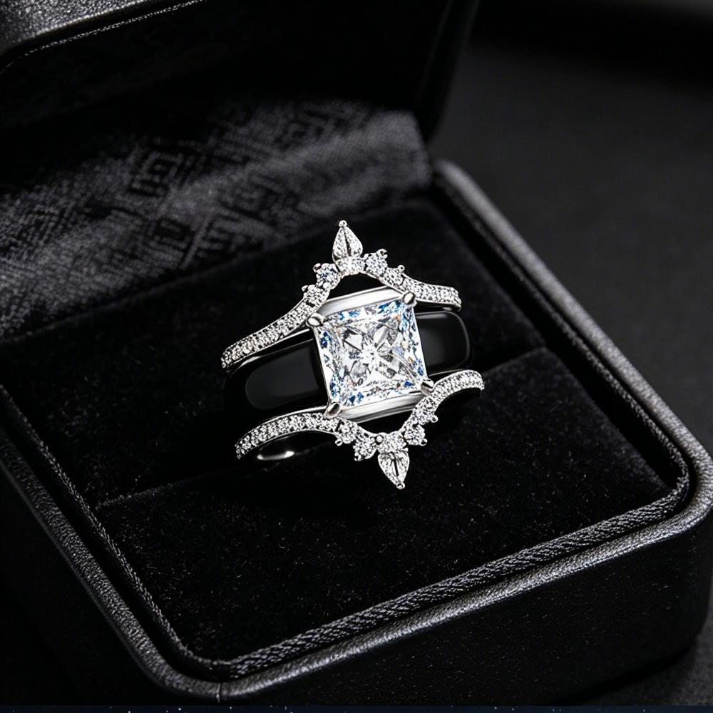 Black Silicone Crown Wedding Ring Set S Princess Cut CZ Stackable Engagement Rings for Women Bridal Promise Jewelry Gift