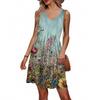 Abito da donna estivo scollo a V casual da vacanza al mare con stampa floreale retrò, senza maniche, patchwork