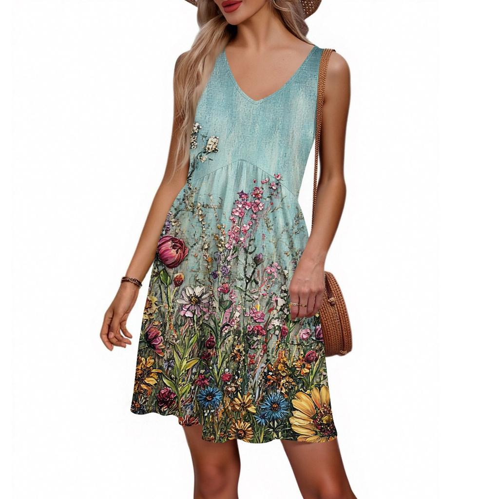 Abito da donna estivo scollo a V casual da vacanza al mare con stampa floreale retrò, senza maniche, patchwork