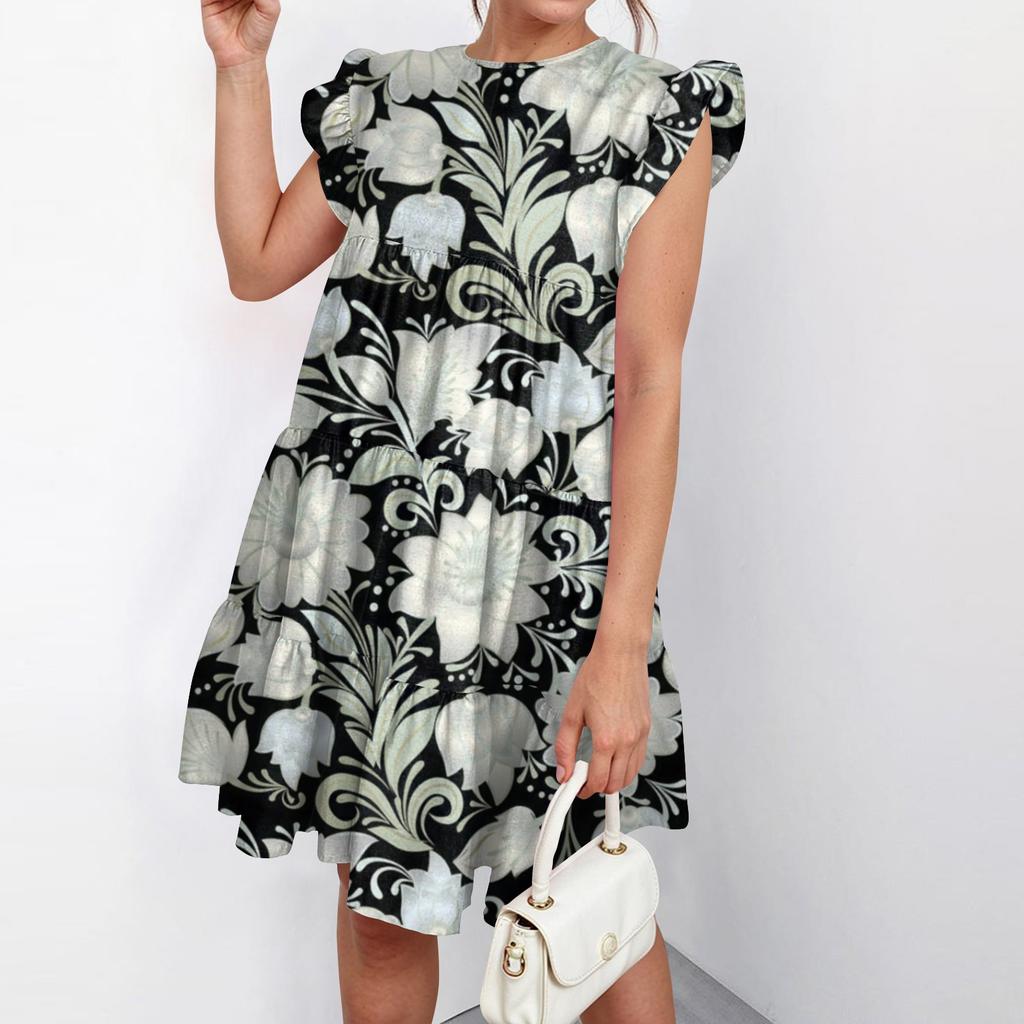 Women Fashion Summer Casual O-Neck Ruffle Sleeve Sleeveless Flowy Short Tunic Dress