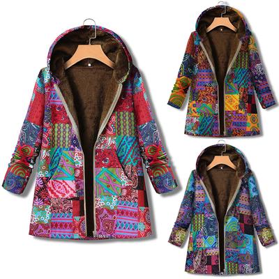 Women Winter Vintage Warm Printed Pockets Thicker Zipper Hooded Coat Outwear