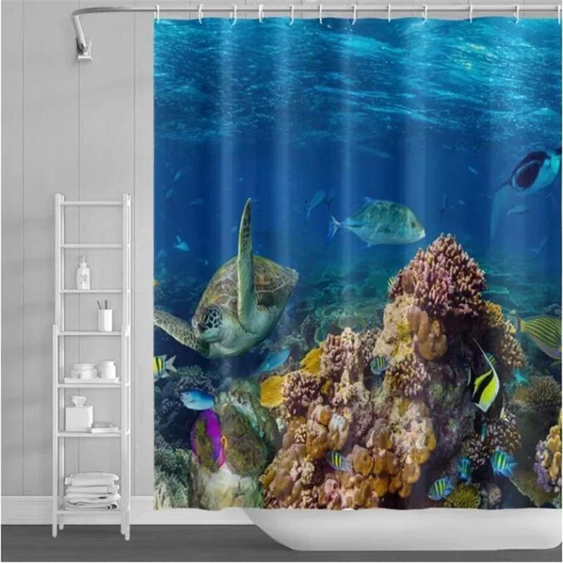 Underwater World Bathroom Shower Curtain Sea Turtle Dolphin Ocean Creature Landscape Bath Curtains Children Cloth Bathroom Decor