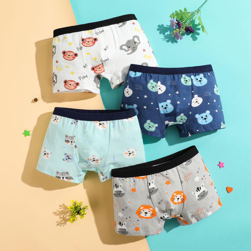 Four-Pack Boys' Pure Cotton Boxer Briefs: Small, Medium, Large Cartoon Underwear
