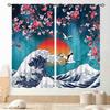 Japanese Curtains Traditional Ink Painting Red Floral Plum Cherry Blossom Asian Style Nature Mountains Landscape Window Drapes Curtain Polyester