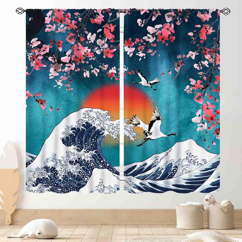 Japanese Curtains Traditional Ink Painting Red Floral Plum Cherry Blossom Asian Style Nature Mountains Landscape Window Drapes Curtain Polyester