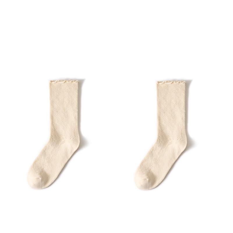 

1 Pair Summer Lightweight Schoolgirl Calf Sock Cute Soft Cotton Elastic Pile Loose Sock Japanese Simplicity Mesh Ruffle Sock One Size бежевий