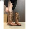 Chunky Heeled Retro Knight Boots Western Cowboy Lace Up Mid-Calf PU Leather 2026 Autumn Boots for Women Brown Black Size 35-42