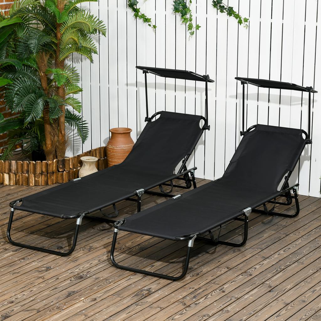 Set of Two Folding Sun Loungers. with Adjustable Backs and Sun Canopies - Black