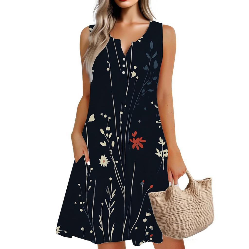 Women's Summer Casual V-Neck Floral Button Dress With Pockets