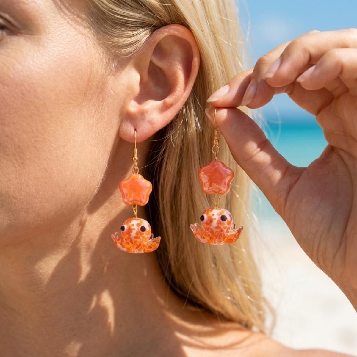 

Boho Creative Glass Octopus Ceramic Flower Tassel Drop Earrings For Women Men Vintage Sea Animal Earring Summer Party Jewelry