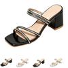 Women's Summer Square Toe Block Heel Sandals Strappy Open Toe Slip On Shoes with Rhinestone Embellishments for Casual Wear