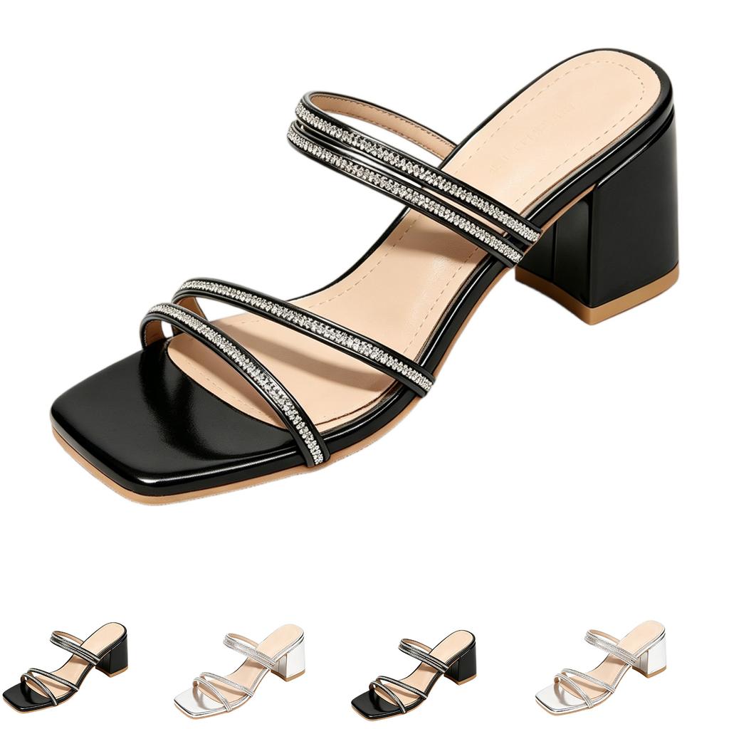 Women's Summer Square Toe Block Heel Sandals Strappy Open Toe Slip On Shoes with Rhinestone Embellishments for Casual Wear