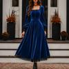 Women's Square Neck Long Sleeve Midi Dress Fit And Flare High Waist Elegant Velvet Dress