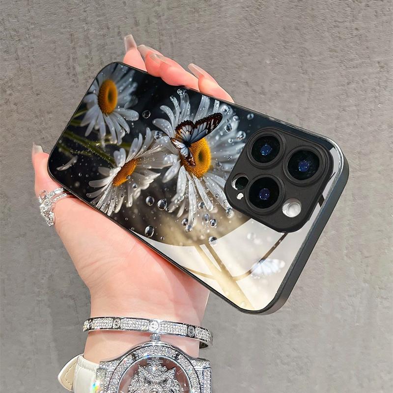 White Daisy Flower Butterfly Pattern Tempered Glass Phone Case For iPhone 16 17 15 14 13 12 11 Pro Max 16E 7 Plus XR XS X Cover