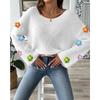 Women's Autumn/winter Hand-hooked Floral Patchwork Sweater with Simple Loose One-line Neck Off-the-shoulder Flared Sleeves