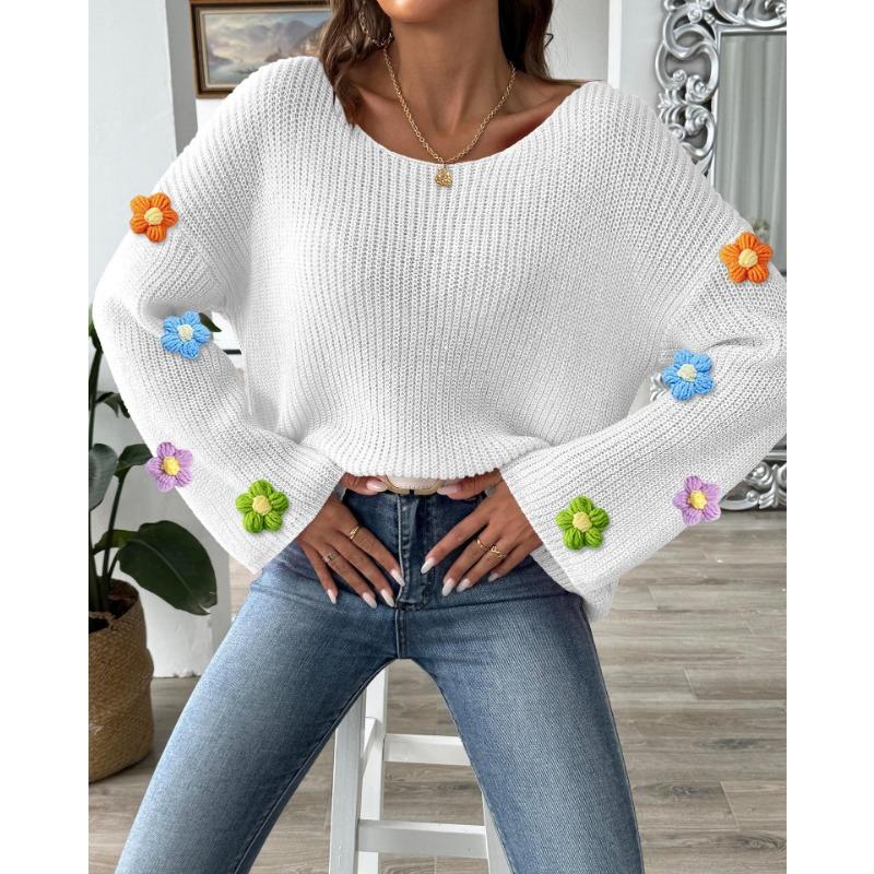 Women's Autumn/winter Hand-hooked Floral Patchwork Sweater with Simple Loose One-line Neck Off-the-shoulder Flared Sleeves
