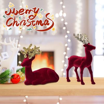 Christmas Reindeers Decorations Plush Deer Christmas Home Table Decorations Wine Red Flocking Reindeers Statue Ornaments