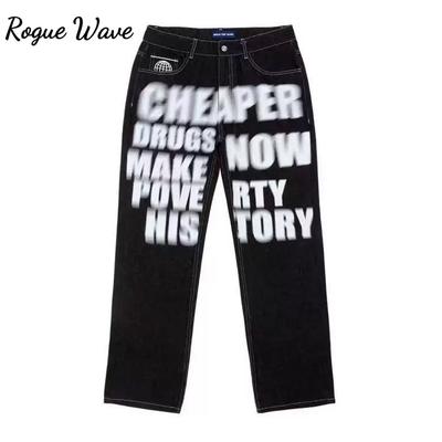 RogueWave Y2k Jeans Hip Hop Letter Printed Black Pants Men Women New Trend Fashion Punk Loose Straight Wide Leg Trousers Streetwear