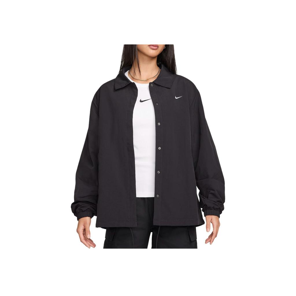 Nike Sportswear Essentials Series Logo Print Polo Button Long Sleeve Jacket Women Jackets Black FV7560-010
