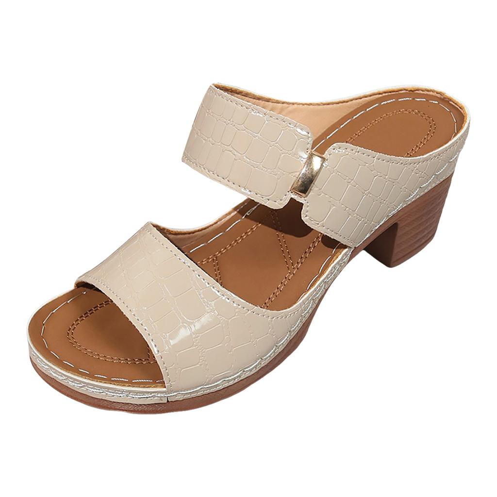 Women'S Patterned Leather Chunky Heel Sandals With Flat Sandals For Women Ladies Summer Dress Sandals Shoes For Women