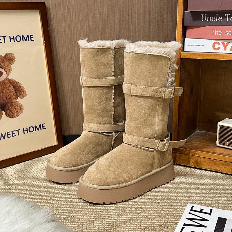 Women's soft elastic thick sole winter fur one warm cold padded snow boots non-slip wear casual sports short cotton boots
